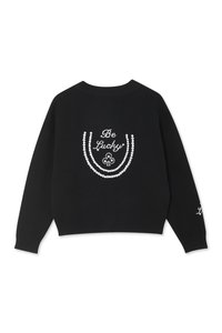 Czarny sweter z białym zdobionym koralikami napisem "Be Lucky", dwiema zakrzywionymi liniami i akcentem pod spodem, z prążkowanymi mankietami i dołem.