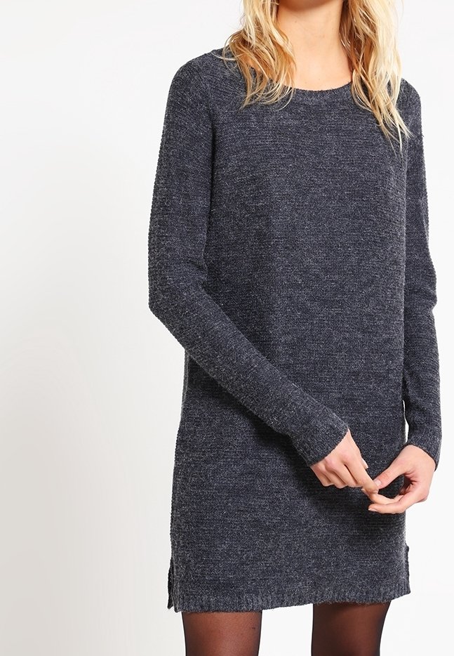 Dark grey knit sweater dress with long sleeves, round neckline, side slits, and a textured finish. Soft material with slight stretch.