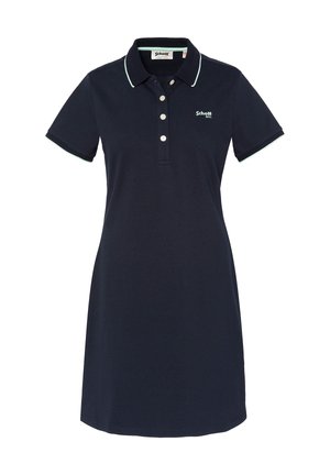 Vestido polo de color azul marino, hecho de una mezcla de algodón, con un cuello clásico, tapeta de tres botones y acentos en verde claro en el cuello y en las mangas.