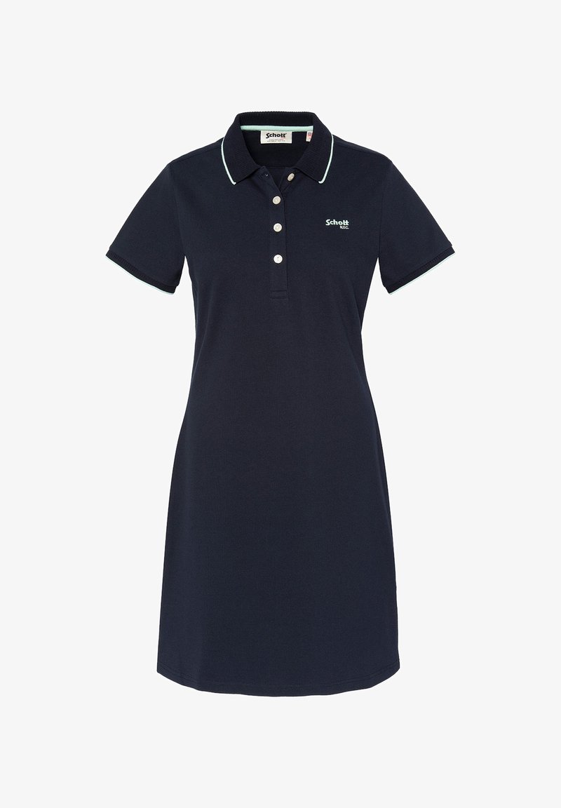 Robe polo bleu marine en tissu mélangé coton, avec un col classique, une patte de boutonnage à trois boutons et des accents vert clair sur le col et les manches.