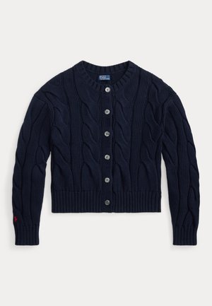 Navy blue cable-knit cardigan with round neckline, ribbed cuffs and hem, featuring silver buttons and a small red logo on the sleeve.