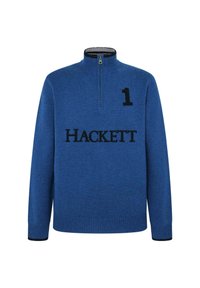 Suéter de punto azul con cuello alto, cierre de media cremallera, con el número "1" en negro y el logo "HACKETT" en la parte frontal. Puños y dobladillo de canalé.
