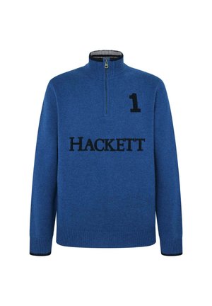 Blauer Strickpullover mit hohem Kragen, halber Reißverschluss, mit einer schwarzen Nummer "1" und dem "HACKETT"-Logo auf der Vorderseite. Gerippte Bündchen und Saum.