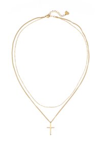 Collar de capas en tono dorado con dos cadenas delgadas y un colgante de cruz pulido. Presenta un cierre de langosta y longitud de cadena ajustable.