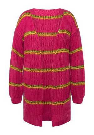 Strik cardigan i lys pink med kontrasterende gule og grønne vandrette striber. Har V-hals og åben front med lange ærmer.