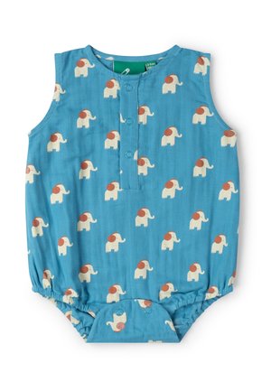 Ärmelloser blauer Baby-Strampler mit Druckknöpfen und weißen Elefanten mit braunen Ohren allover.