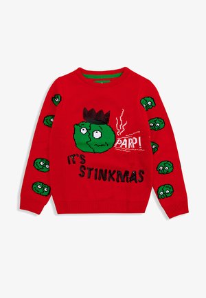 Maglione rosso lavorato a maglia con personaggi di ortaggi cartoni verdi, testo "È STINKMAS" e dettagli di corone nere sulle maniche.