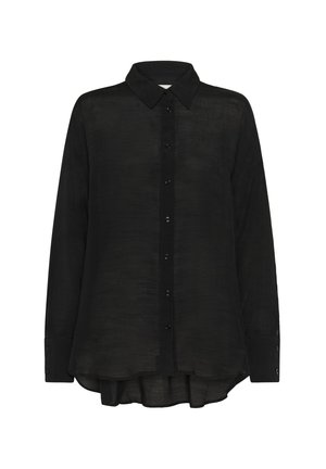 Chemise noire à manches longues en tissu transparent, avec un col classique, une fermeture à boutons et un ourlet arrondi avec des poignets boutonnés.