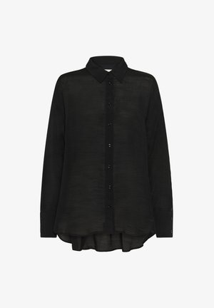 Zwarte lange mouwen shirt gemaakt van doorzichtig materiaal, voorzien van een klassieke kraag, knoopsluiting en afgeronde onderrand met knoopmanchetten.