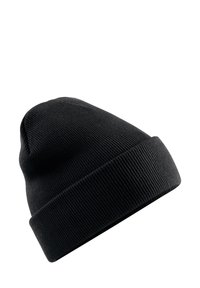 Black knitted beanie hat with a ribbed texture, featuring a folded cuff and rounded top, suitable for various head sizes.