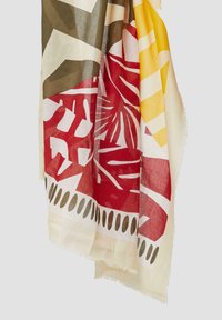 Bunter gemusterter Schal in den Farben Rot, Gelb, Oliv und Creme, mit kräftigen geometrischen und botanischen Drucken sowie Fransenrändern.