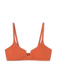Top bikini arancione con texture, scollatura a V, spalline regolabili e chiusura con gancio sulla schiena. Design in tessuto liscio e a costine.