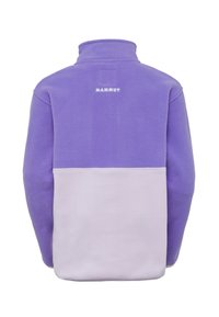 Giacca in pile viola con colletto alto, caratterizzata da una sezione inferiore color crema e un logo ricamato sul retro. Tessuto morbido in tutto.