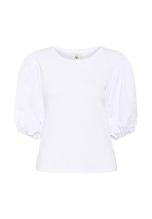 Witte short-sleeve top met pofmouwen. Gladde textuur met een getailleerd lichaam en ronde halslijn. Ideaal voor casual of semi-formele gelegenheden.