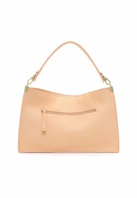 Borsa a tracolla in pelle color tan con una superficie liscia, chiusura superiore arcuata e una singola tracolla. Presenta una tasca con zip sulla parte frontale.