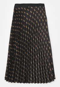 Zwarte plooirok met een gouden en witte stippenpatroon. Afgewerkt met een effen zwarte tailleband voor een elegante uitstraling. Textuurstof voegt dimensie toe.