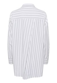 White long-sleeve shirt with light gray vertical stripes, features a back split, buttoned cuffs, and a classic shirt collar design.