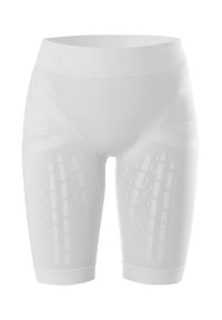 Shorts compressivi bianchi con una texture liscia, caratterizzati da un design senza cuciture e da sottili accenti pattern sui lati.
