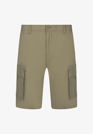 Pantaloncini cargo color kaki con chiusura a bottone, passanti per cintura e tasche a soffietto su entrambe le cosce.