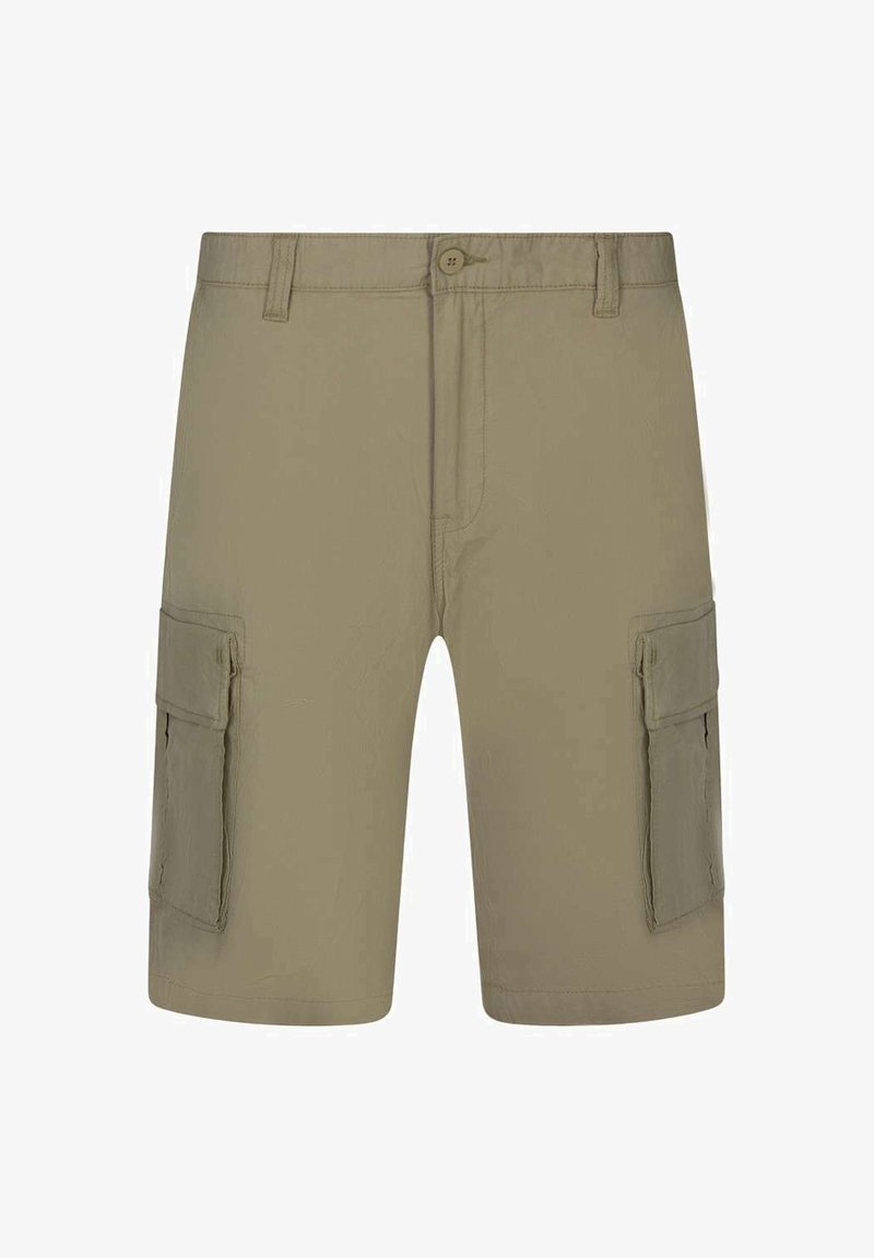 Shorts cargo de couleur kaki avec fermeture à boutons, passants pour ceinture et poches à rabat sur les deux cuisses.