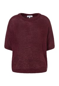 Burgundy short-sleeved knitted sweater with a round neckline, textured fabric, and ribbed hem. Features a tag on the lower right side.