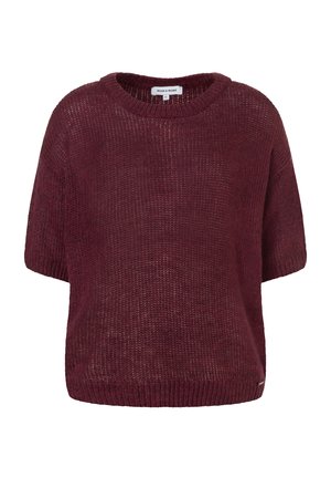 Pull en tricot bordeaux à manches courtes avec un col rond, tissu texturé et ourlet côtelé. Présente une étiquette sur le côté inférieur droit.