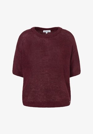 Burgundy short-sleeved knitted sweater with a round neckline, textured fabric, and ribbed hem. Features a tag on the lower right side.