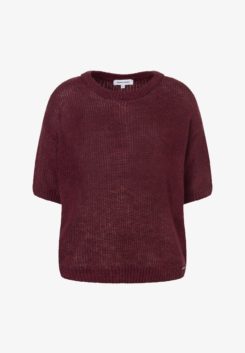 Burgundy short-sleeved knitted sweater with a round neckline, textured fabric, and ribbed hem. Features a tag on the lower right side.