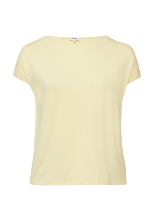 Jasnożółta damska bluzka z krótkim rękawem i okrągłym dekoltem, wykonana z miękkiego materiału, prezentowana na białym tle.