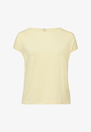 Hellgelbes Damenoberteil mit kurzen Ärmeln und rundem Ausschnitt, aus weichem Stoff, auf weißem Hintergrund präsentiert.