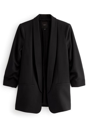 Černý blazer s šálovým límcem, uvolněným střihem, tříčtvrtečními rukávy a dvěma předními kapsami. Vyrobený z hladké látky s minimalistickým designem.