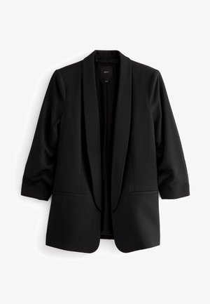 Black blazer with a shawl collar, relaxed fit, three-quarter sleeves, and two front pockets. Made from smooth fabric with a minimal design.