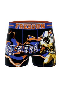 Boxers noirs avec des accents bleu et orange, arborant une illustration d'un joueur de football et le texte "Football Américain" en caractères gras.