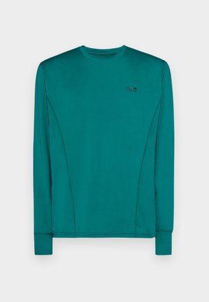 Turkusowa, długosleeve'owa koszulka sportowa wykonana z lekkiego, gładkiego materiału. Posiada okrągły dekolt, dopasowany krój oraz subtelne detale szwów.