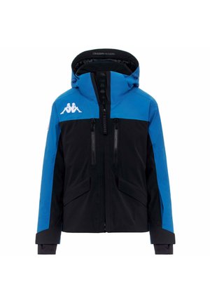 Giacca nera e blu con cappuccio, dotata di tasche con zip, logo Kappa sul petto e un design elegante con blocchi di colore a contrasto.