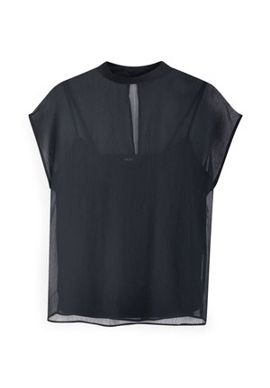 Top negru transparent cu gât înalt, mâneci scurte și un detaliu în formă de cheie pe partea din față. Material ușor, fluid, cu o textură netedă.