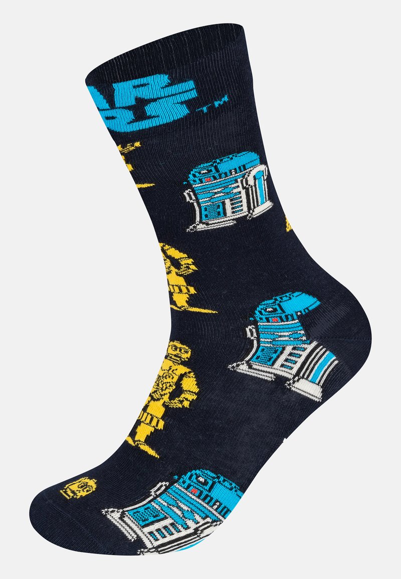 Marineblaue Socken mit bunten Star Wars Charakteren, darunter R2-D2 und C-3PO, in gelben und blauen Designs. Mischgewebe aus Baumwolle, gerippter Bund.