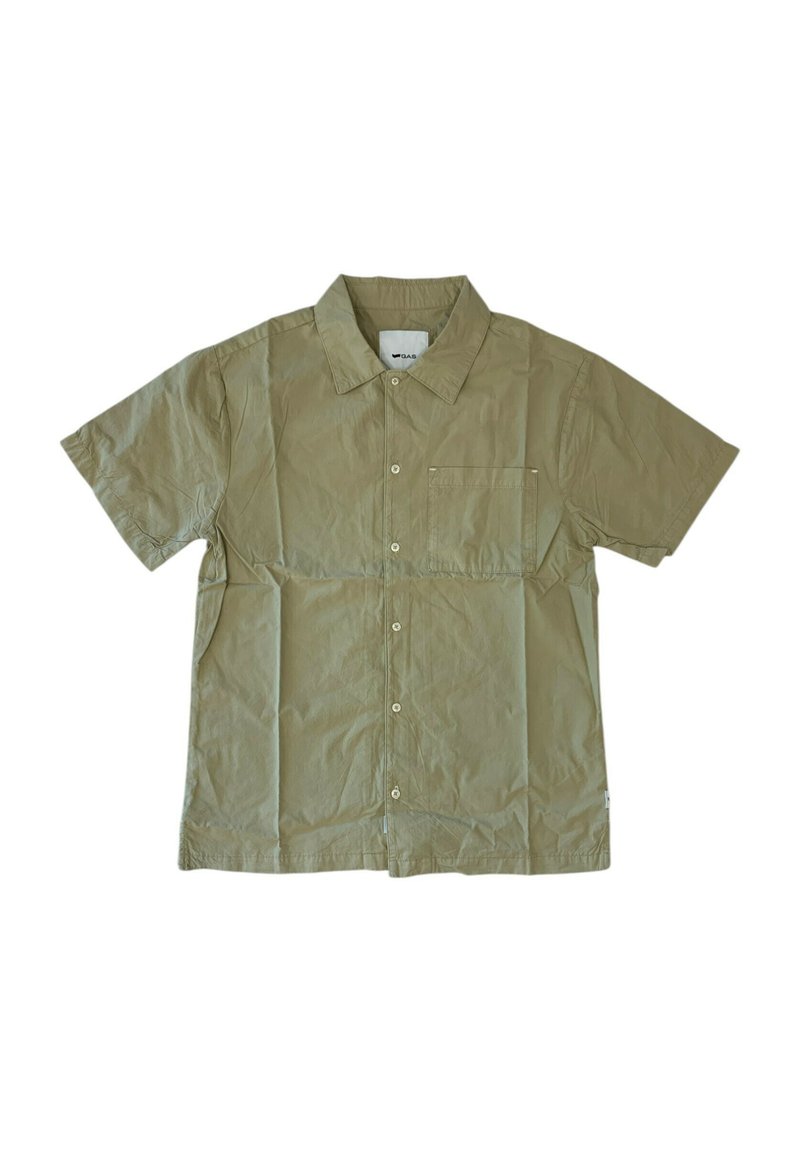 Camicia a maniche corte di colore marrone chiaro, con colletto, taschino singolo sul petto e tessuto a texture liscia. Presenta un design semplice e cuciture discrete.