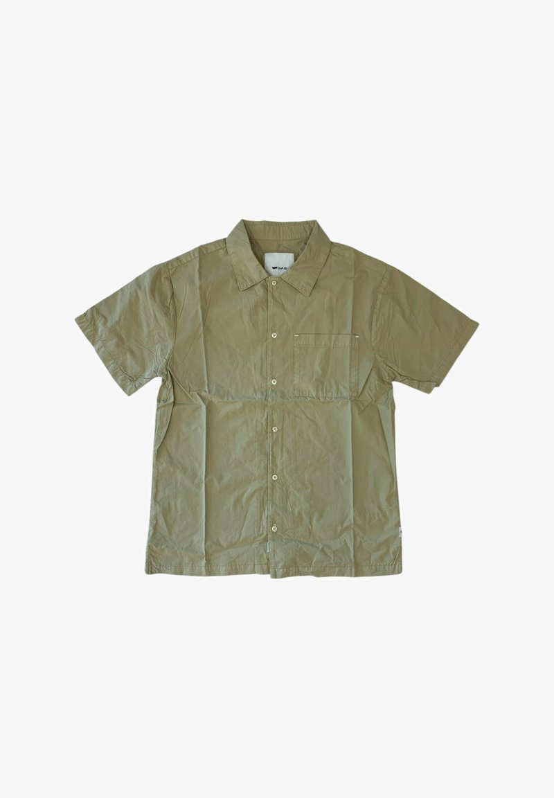 Camicia a maniche corte di colore marrone chiaro, con colletto, taschino singolo sul petto e tessuto a texture liscia. Presenta un design semplice e cuciture discrete.