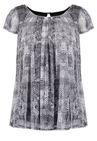 Svart och vit kortärmad topp med ett ormskinnsmönster, veckad front och rundad halsringning med en nyckelhålsknäppning bak.