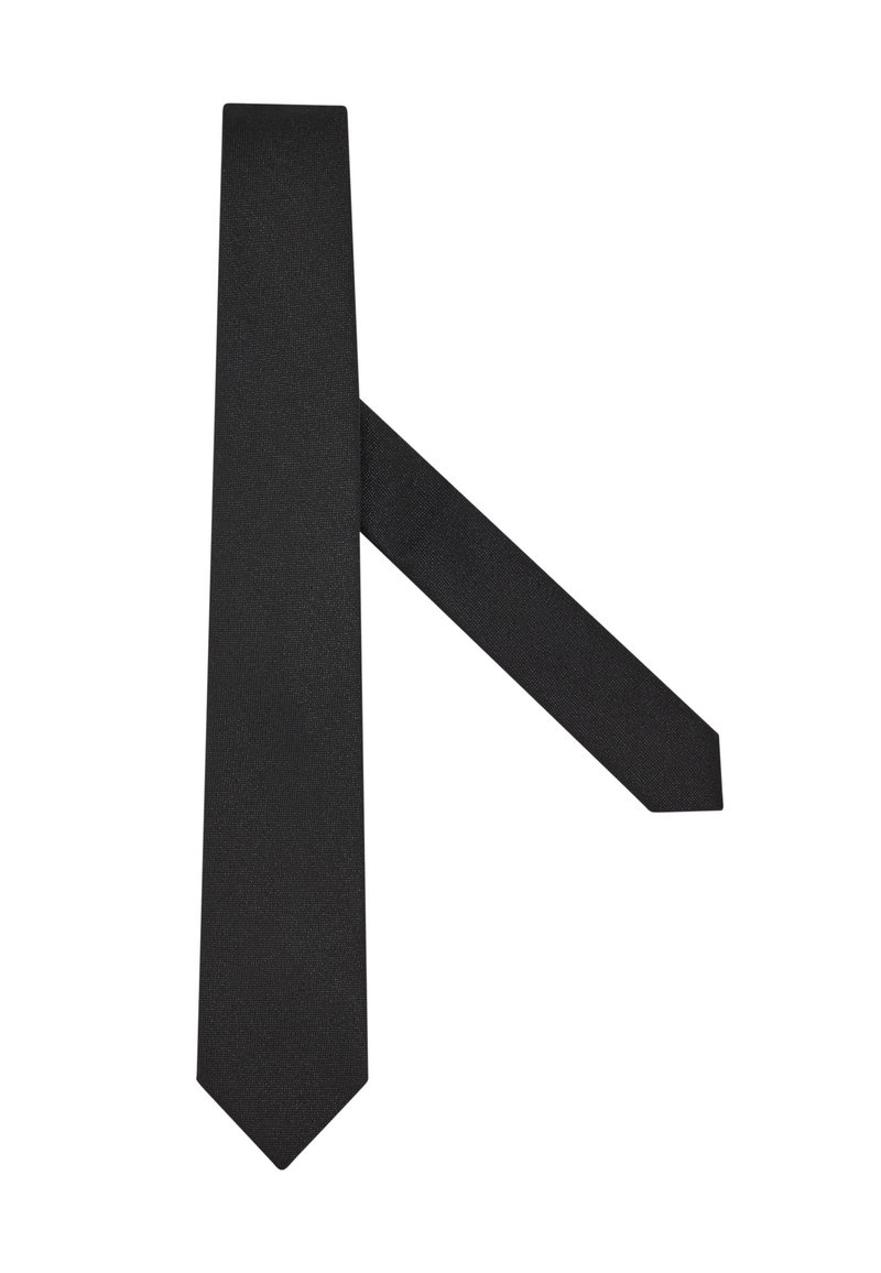 Svart smal slips av slätt tyg, visad liggande med den smala änden som korsar bakom den bredare änden på en vit bakgrund.