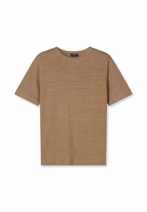 Braunes T-Shirt mit kurzen Ärmeln und Rundhalsausschnitt aus einem dezenten, strukturierten Stoff, flach auf einem weißen Hintergrund dargestellt.