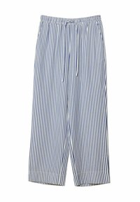 Blauwe en witte verticaal gestreepte losse broek met een elastische tailleband en een striksluiting aan de voorkant.
