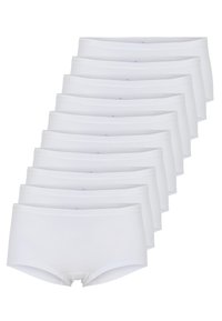 Et pakke med ti hvide bomulds boxershorts, der har en glat overflade, elastisk livrem og et minimalistisk design uden mønstre eller accenter.