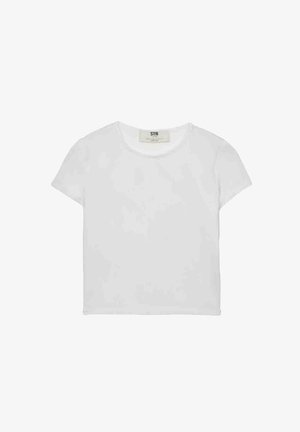 Weißes T-Shirt mit kurzen Ärmeln und Rundhalsausschnitt, aus weicher Baumwolle gefertigt, mit einem schlichten, sauberen Design ohne sichtbare Muster oder Akzente.