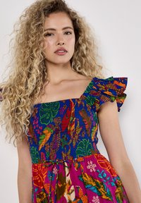 Robe multicolore avec un corsage froncé bleu orné de motifs floraux et de feuilles, des manches volantes, et une jupe rose vibrante.