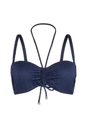 Top bikini blu navy con tessuto testurizzato e motivo a zigzag. Presenta spalline sottili e regolabili e una chiusura anteriore con lacci e dettagli decorativi.