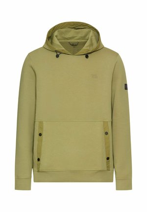 Kapuzenpulli in gedämpftem Olivgrün, mit einer Kängurutasche, Druckknopf-Details und einem strukturierten Stoff für optimalen Tragekomfort.