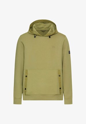 Kapuzenpulli in gedämpftem Olivgrün, mit einer Kängurutasche, Druckknopf-Details und einem strukturierten Stoff für optimalen Tragekomfort.