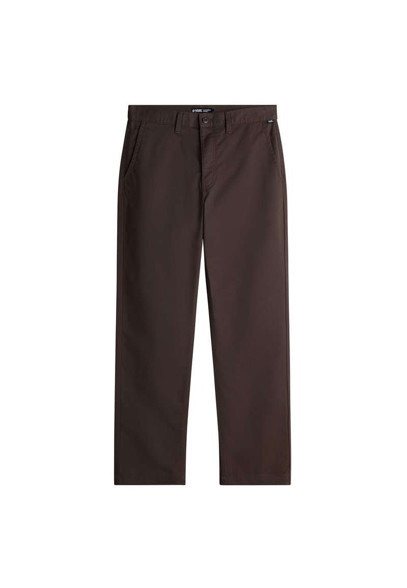 Bruna bomullschinos med rak bendesign, som har två framfickor och ett säker midjeband, slät textur och inga synliga mönster.